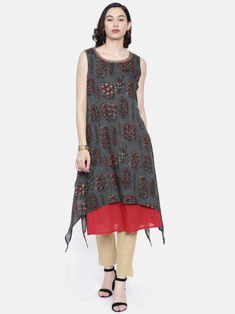 

Melange by Lifestyle Women Grey & Red Printed Straight Kurta
