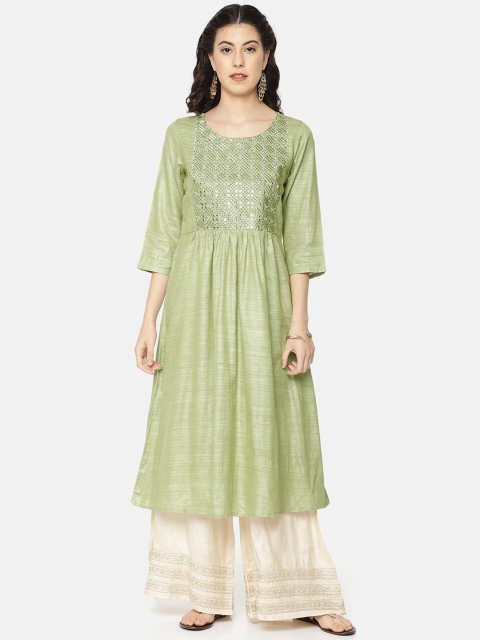 

Melange by Lifestyle Women Green Embroidered A-Line Kurta