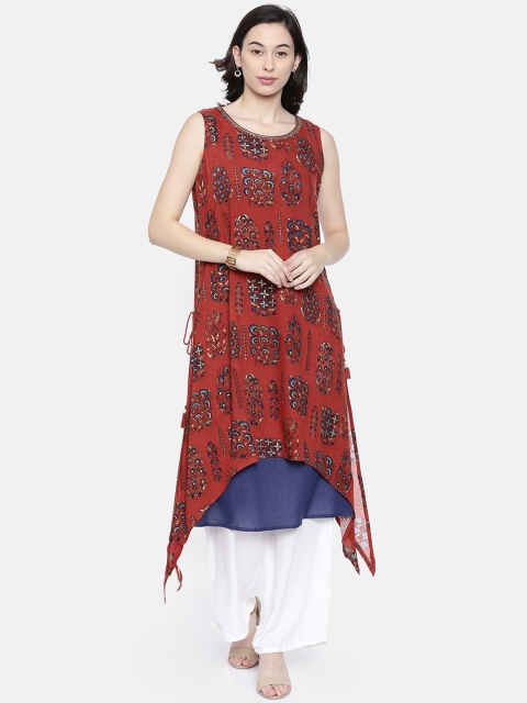 

Melange by Lifestyle Women Navy & Rust Red Printed A-Line Layered Kurta, Navy blue