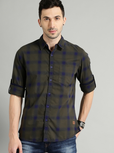 

Roadster Men Olive Green & Navy Blue Shadow Check Casual Shirt