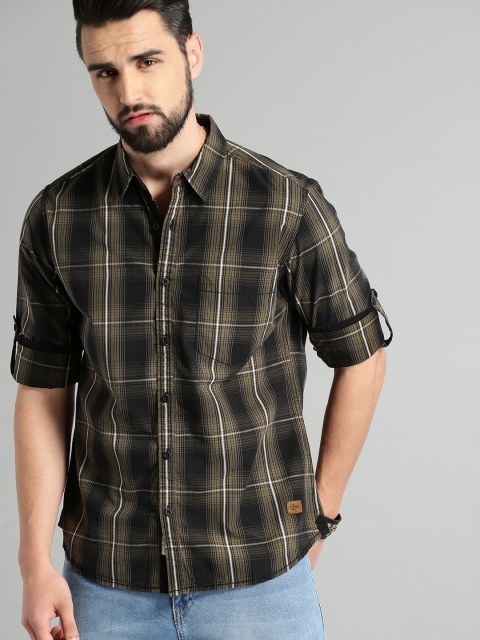 

Roadster Men Black & Khaki Brown Regular Fit Checked Casual Shirt