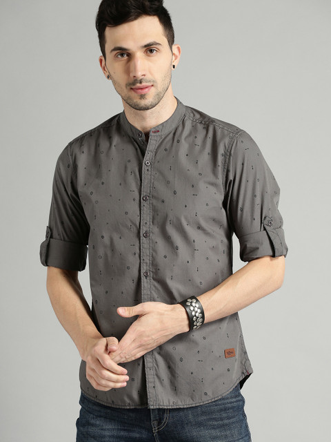 

Roadster Men Charcoal Grey Regular Fit Printed Cotton Casual Shirt