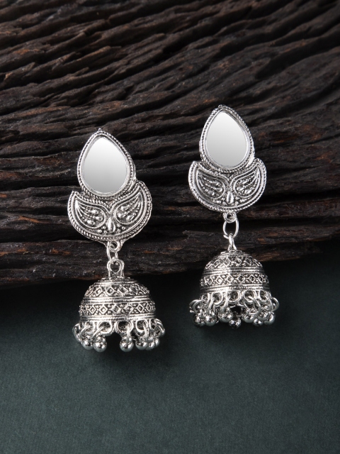 

Rubans Silver-Plated & White Oxidised Dome Shaped Jhumkas