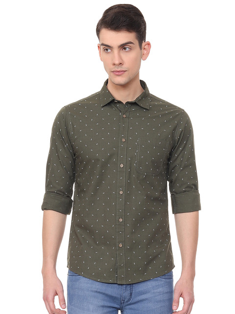 

People Men Olive Green Slim Fit Printed Casual Shirt