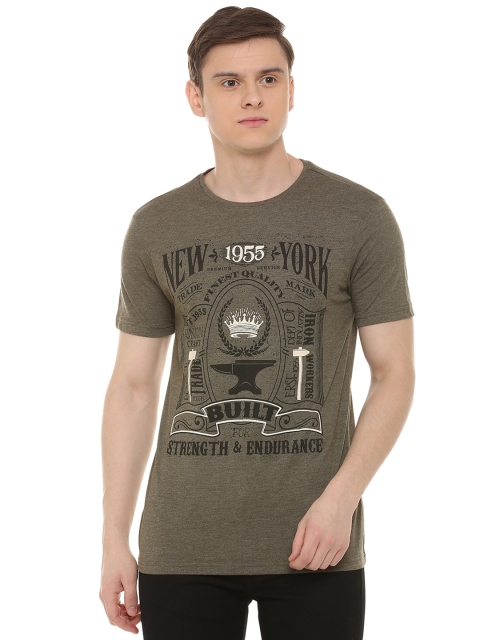 

People Men Olive Green Printed Round Neck T-shirt