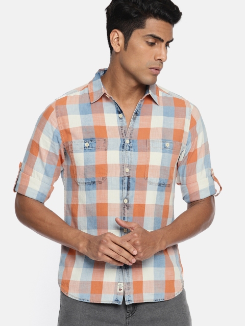 

Roadster Men Blue & Orange Regular Fit Checked Casual Shirt