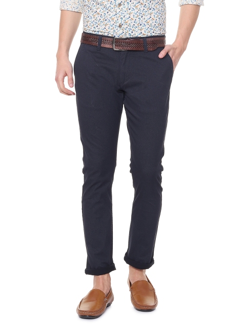 

People Men Navy Blue Slim Fit Self Design Regular Trousers