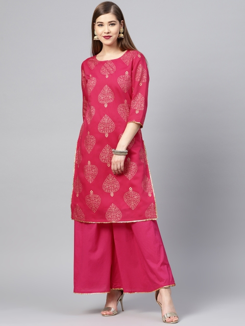 

Juniper Women Pink & Golden Printed Straight Kurta