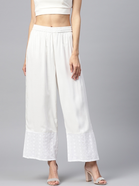 

Juniper Women White Schiffli Embroidered Straight Palazzos