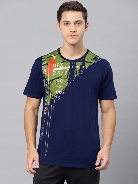 

HRX by Hrithik Roshan Men Teal Blue & OliveGreen Printed Round Neck T-shirt