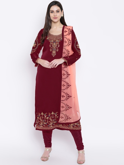 

Kvsfab Maroon & Peach-Coloured Satin Unstitched Dress Material