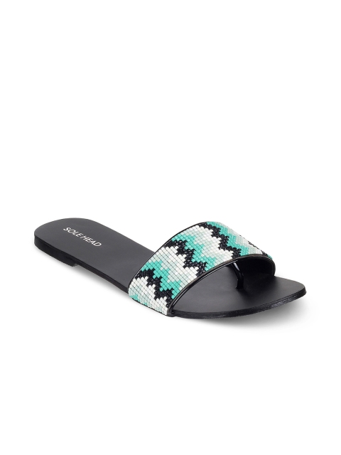 

SOLE HEAD Women Green & Black Sequinned Open Toe Flats