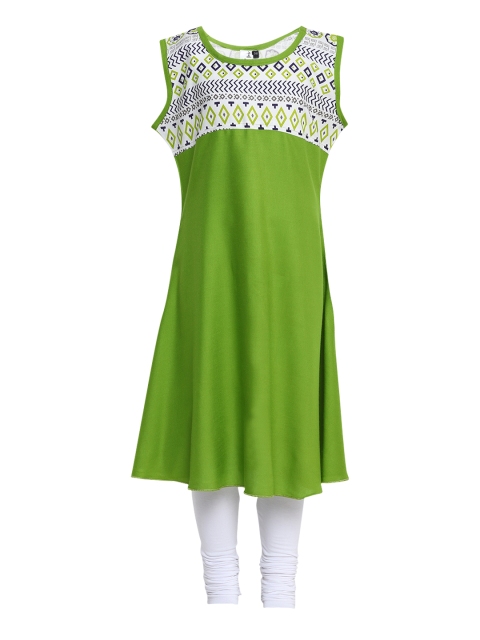 

Aarika Girls Green & White Printed Kurta with Churidar