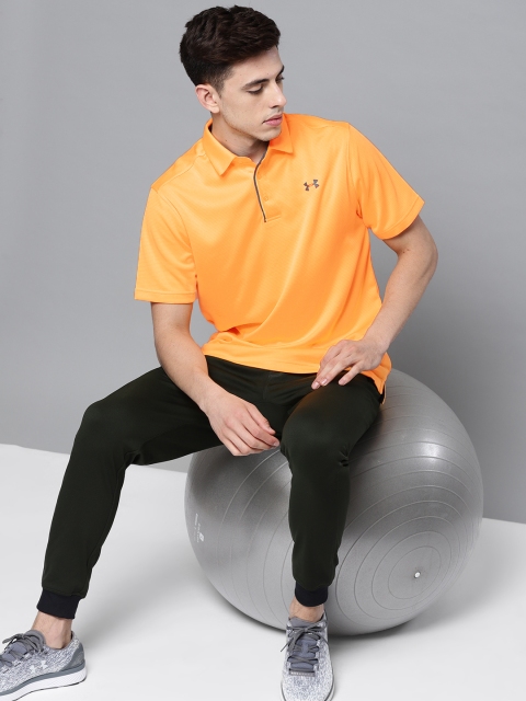 

UNDER ARMOUR Men Orange Self-Striped Tech Polo T-shirt
