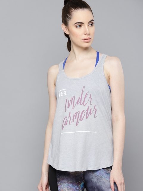 

UNDER ARMOUR Women Grey Melange Printed Graphic Script Crossback Tank Top