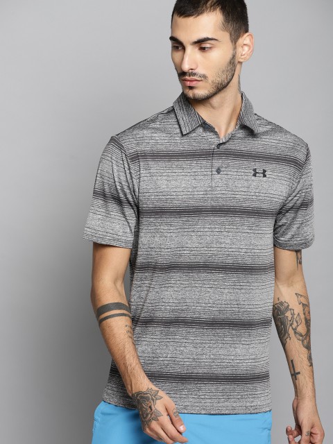 

UNDER ARMOUR Men Grey Striped Playoff 2.0 Golf Polo T-shirt