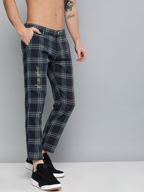 

Kook N Keech Men Navy Blue & Green Regular Fit Checked Regular Trousers