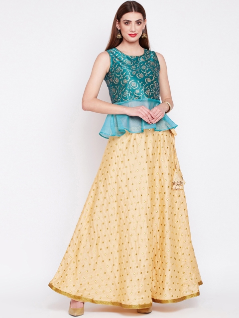 

studio rasa Beige & Teal Blue Embellished Ready to Wear Lehenga with Blouse