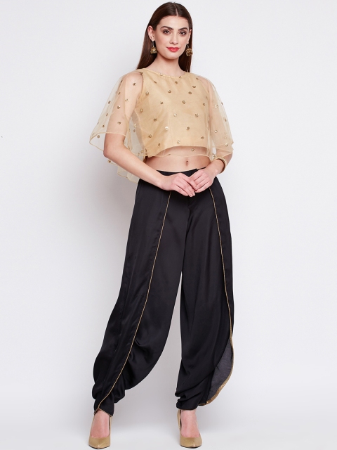 

studio rasa Women Beige & Black Embellished Crop Top with Dhoti Pants