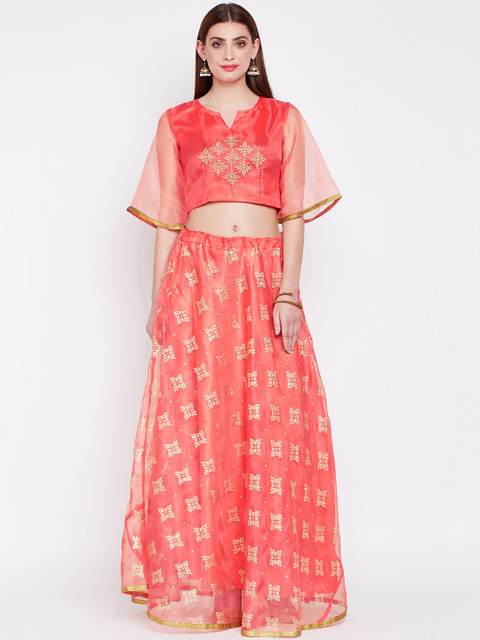 

studio rasa Coral Red & Golden Printed Ready to Wear Lehenga with Blouse