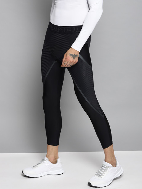 

UNDER ARMOUR Men Black & Grey Core 3/4 th Self-Striped Tights