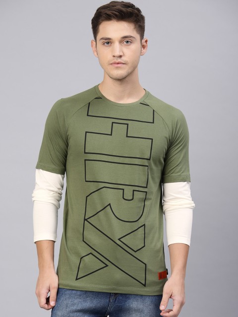 

HRX by Hrithik Roshan Men Olive Green Printed Lifestyle Fullsleeve Crew Neck Tshirts