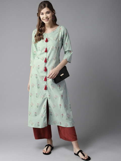 

HERE&NOW Women Green & White Printed A-Line Kurta