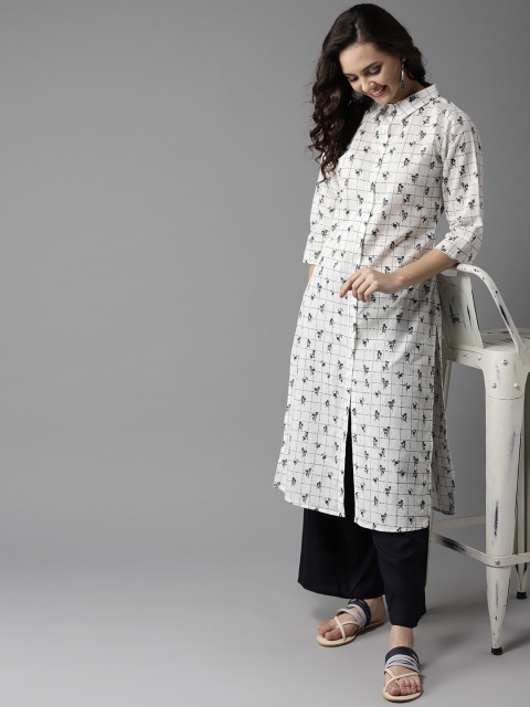 

HERE&NOW Women White & Olive Green Checked Straight Kurta