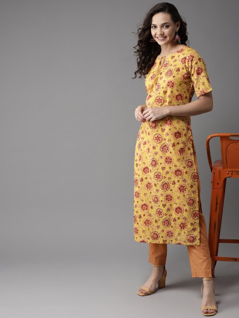 

HERE&NOW Women Yellow & Orange Printed Straight Kurta