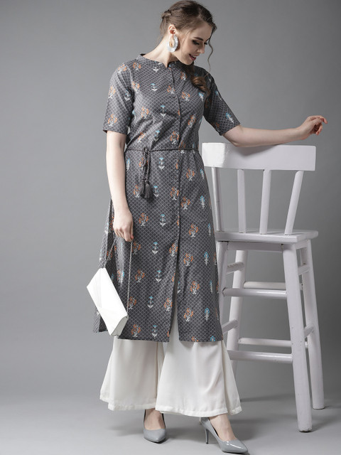 

HERE&NOW Women Grey Printed Straight Kurta