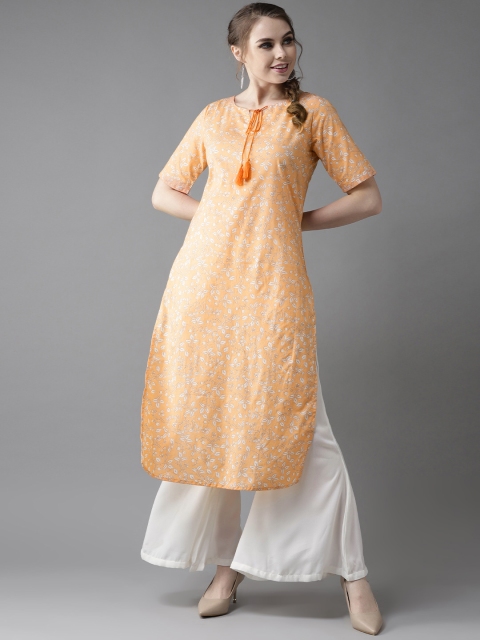 

HERE&NOW Women Peach-Coloured & White Printed Straight Kurta