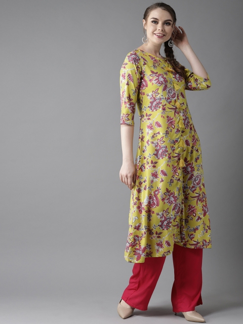 

HERE&NOW Women Green & Pink Printed A-Line Kurta