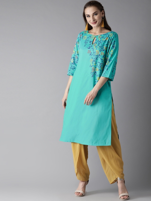 

HERE&NOW Women Turquoise Blue Floral Print Straight Kurta