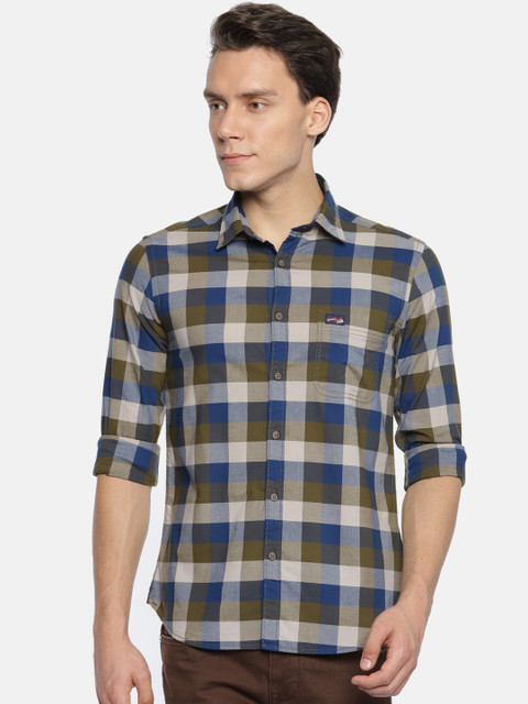 

U.S. Polo Assn. Denim Co. Men Olive Green & Blue Slim Fit Solid Casual Shirt
