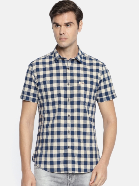 

U.S. Polo Assn. Denim Co. Men Off-White & Navy Blue Slim Fit Checked Casual Shirt