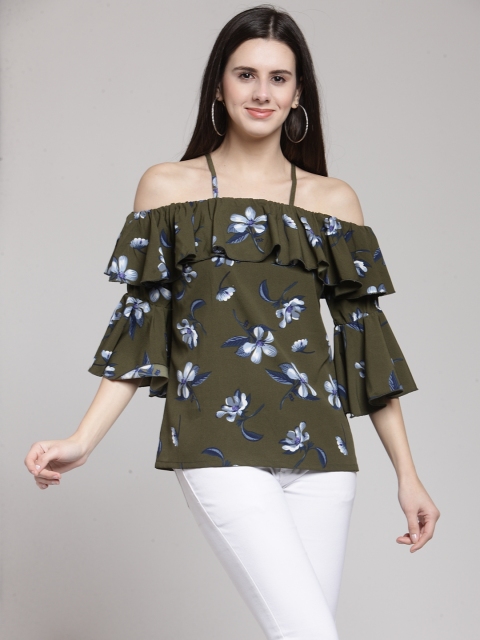 

plusS Women Olive Green & Blue Floral Print Bardot Top