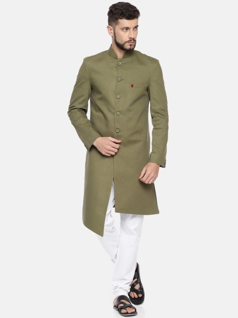 

The Indian Garage Co Men Olive Green Solid Sherwani With White Churidar