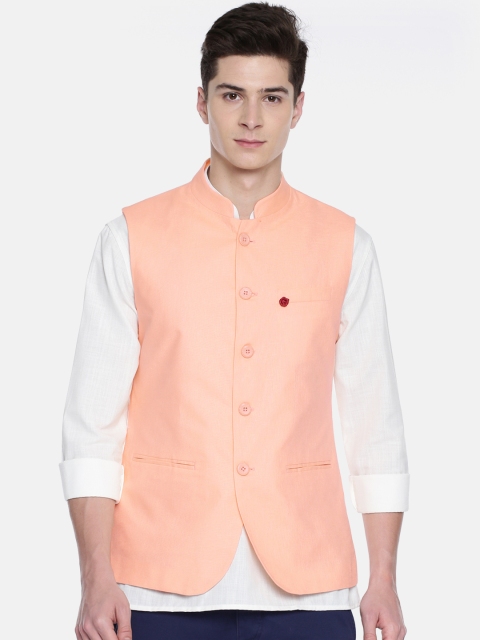 

The Indian Garage Co Men Peach-Coloured Solid Pure Cotton Nehru Jacket