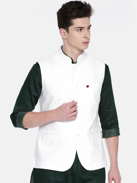 

The Indian Garage Co Men White Solid Pure Cotton Nehru Jacket