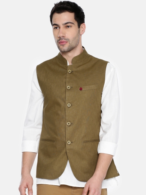 

The Indian Garage Co Men Olive Green Solid Pure Cotton Nehru Jacket