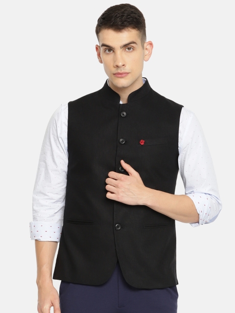 

The Indian Garage Co Black Solid Pure Cotton Nehru Jacket