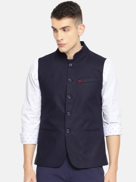 

The Indian Garage Co Navy Blue Solid Pure Cotton Nehru Jacket