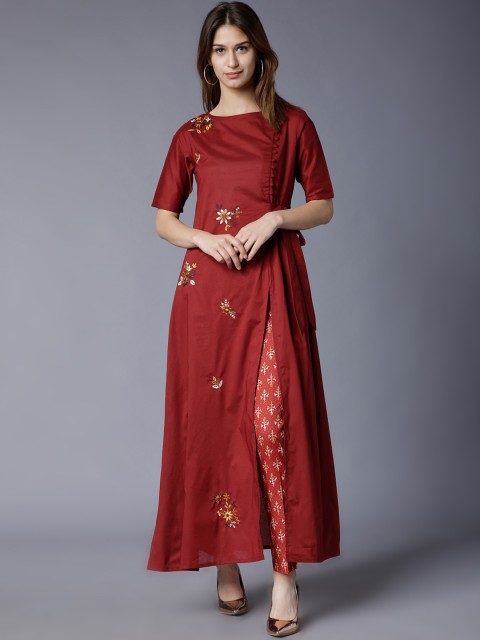 

Vishudh Women Maroon & Beige Embroidered Kurta with Trousers