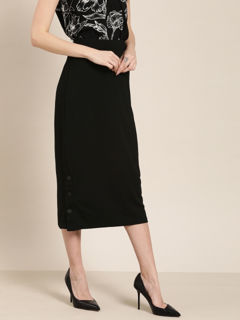 

her by invictus Women Black Solid Stretch Straight Midi Skirt