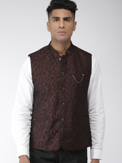 

Arrow Men Maroon & Black Body Tailored Fit Woven Design Nehru Jacket