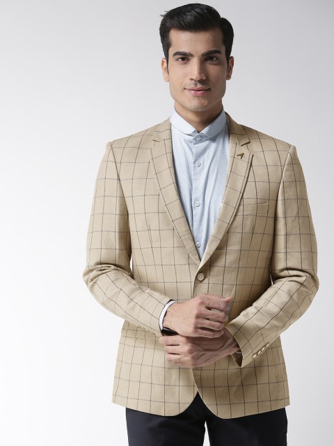 

Arrow Men Beige Checked Tailored Fit Single-Breasted Pure Cotton Blazer