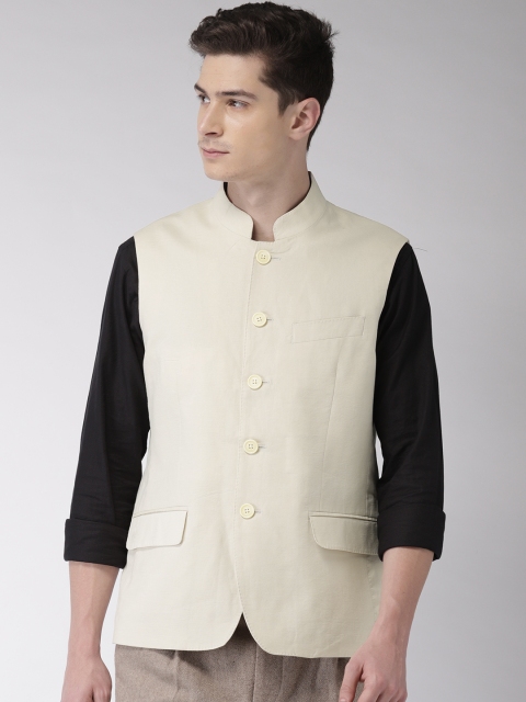 

Arrow Men Beige Solid Body Tailored Fit Linen Nehru Jacket