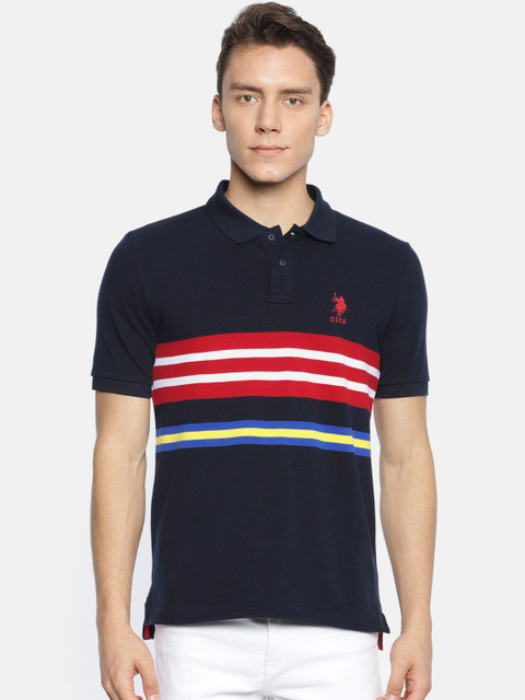 

U.S. Polo Assn. Men Navy Blue Striped Polo Collar Pure Cotton T-shirt