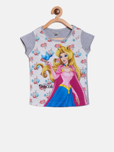 

Eteenz Girls Grey Melange & Pink Printed Round Neck T-shirt