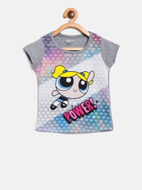 

Eteenz Girls Grey Melange Power Puff Girls Print Round Neck T-shirt